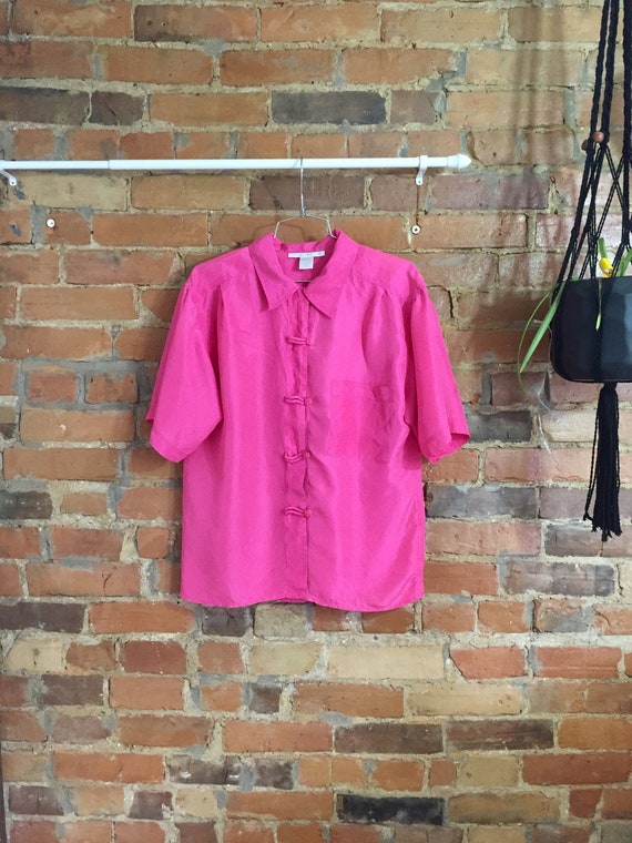 Hot Pink Silk Button Up Short Sleeve Blouse