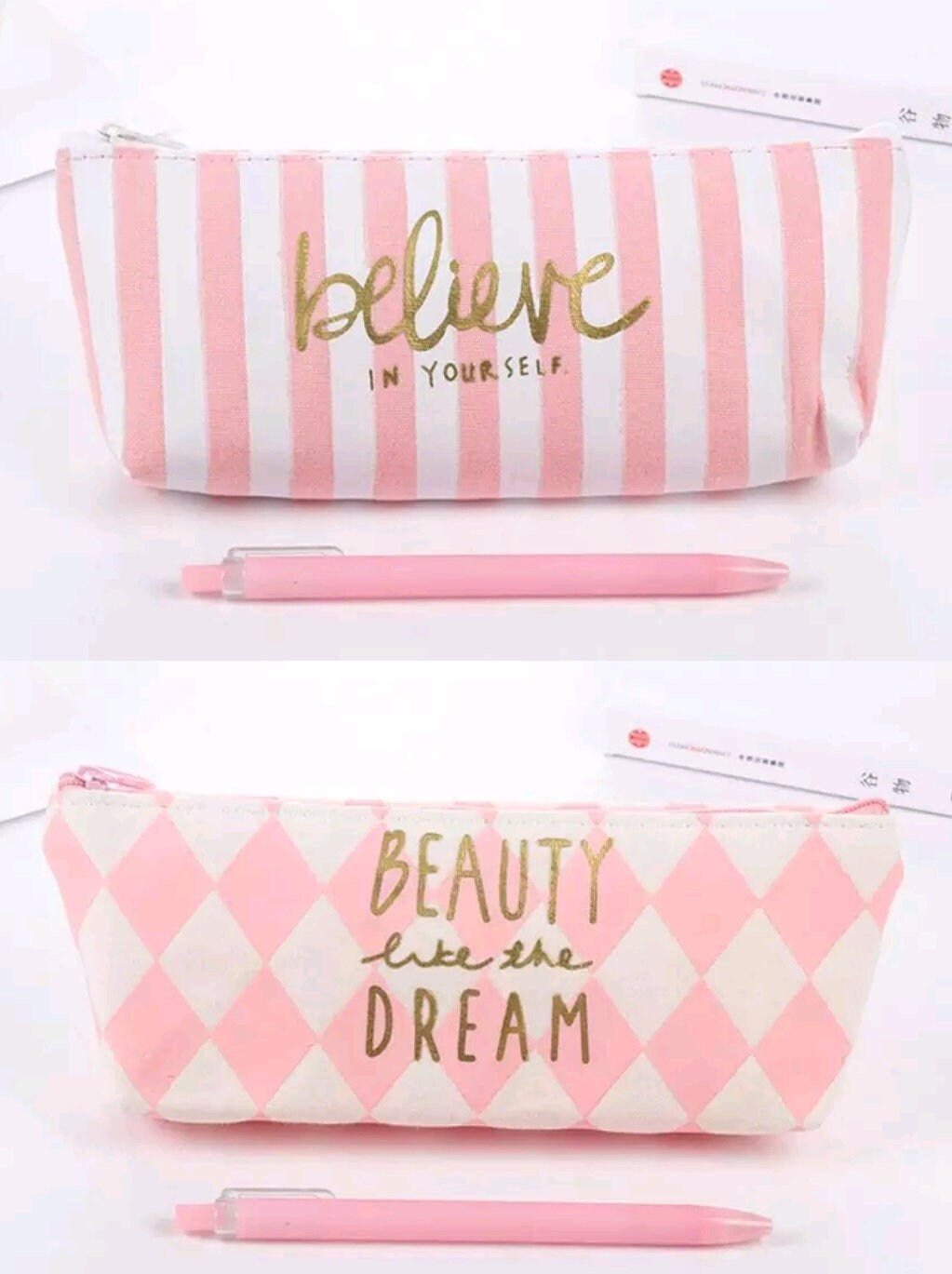 Kawaii Cute Pink Grid Believe/beauty Like Dream Canvas Pencil Bag,large ...