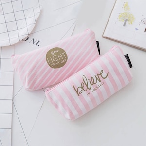 Kawaii Cute Pink Grid Believe/Beauty like Dream Canvas Pencil Bag,Large Capacity Pencil Bag, Stationery Storage Organizer Case School Supply