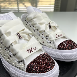Womens custom converse bling, diamonds and pearls, wine color wedding converse, wedding planner, bridesmaid, bridal party, white converse
