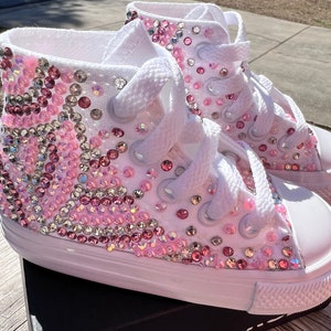 Girls pink converse custom bling, wedding converse, wedding planner, bridesmaid, bridal party, white and pink bling converse