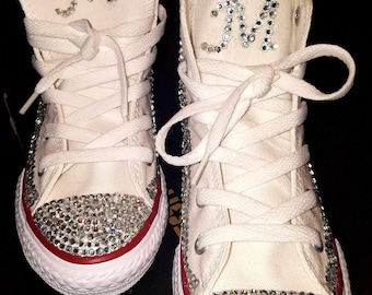 Girls white converse custom bling, wedding converse, wedding planner, bridesmaid, bridal party, silver bling converse