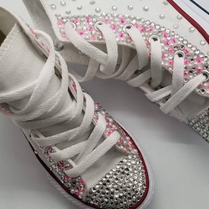 Womens white and pink converse custom bling, wedding converse, wedding planner, bridesmaid, bridal party, pink bling converse