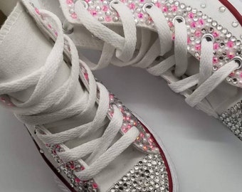 Womens white and pink converse custom bling, wedding converse, wedding planner, bridesmaid, bridal party, pink bling converse