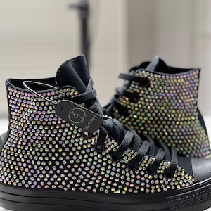 Womens black converse high tops, custom bling, wedding converse, wedding planner, bridesmaid, bridal party, black metallic ab bling converse