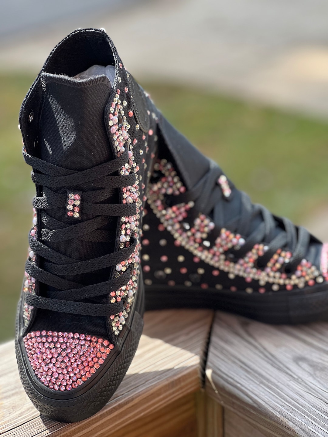 Womens Black Converse High Tops, Custom Bling, Wedding Converse