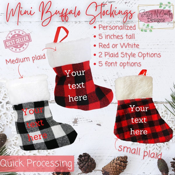 Mini Christmas Stocking Personalized Red Buffalo Plaid or White Buffalo Plaid - Great personalized Christmas gift for anyone - 5 inches TALL