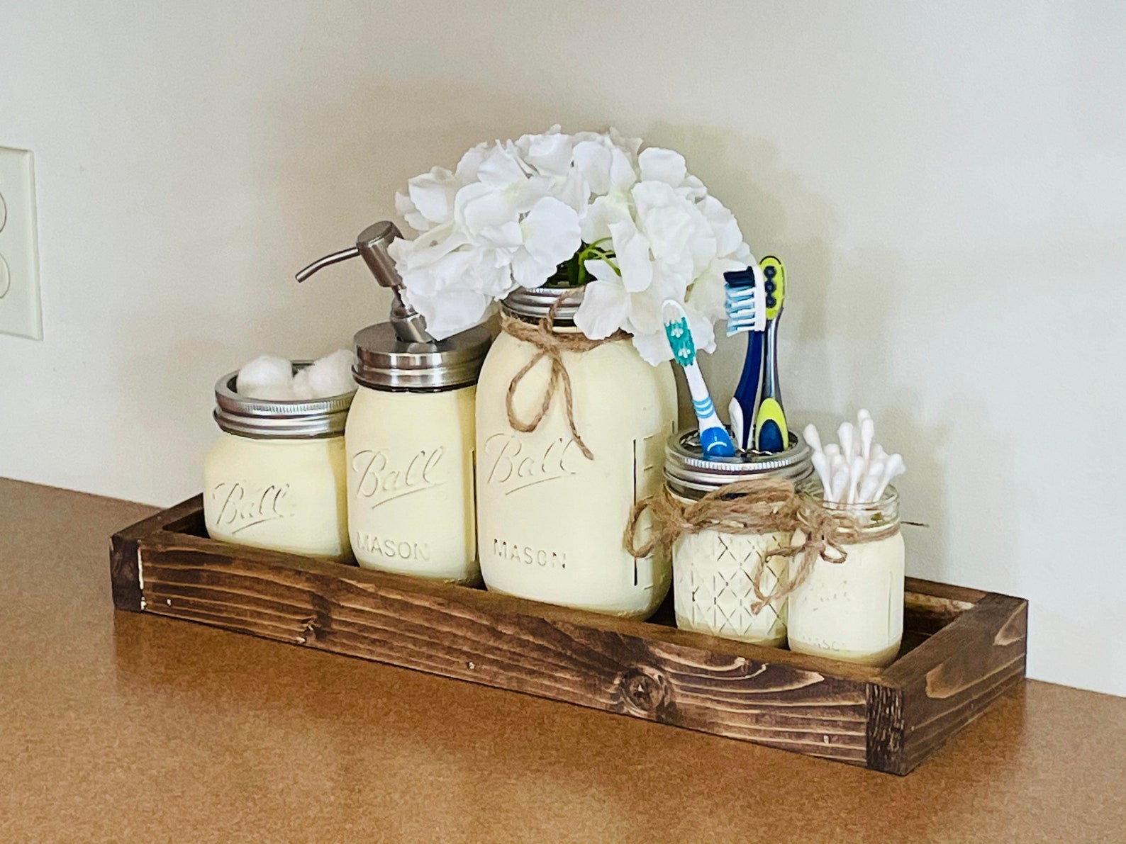 Mason Jar Bathroom Set Planter Box Painted Mason Jars Rustic Etsy