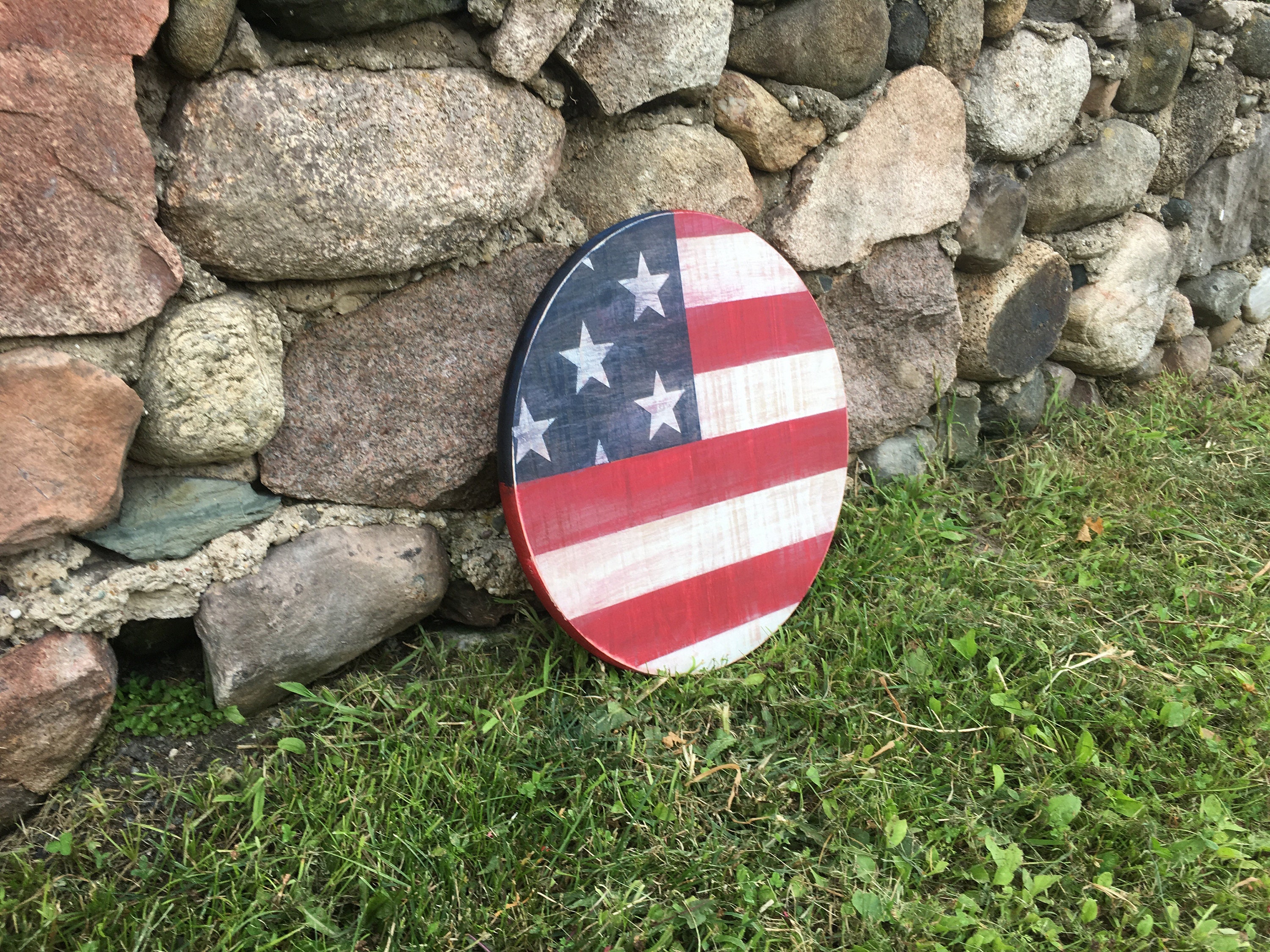 Wood American Flag Wall Art Round Wood Sign Wooden Flag Etsy