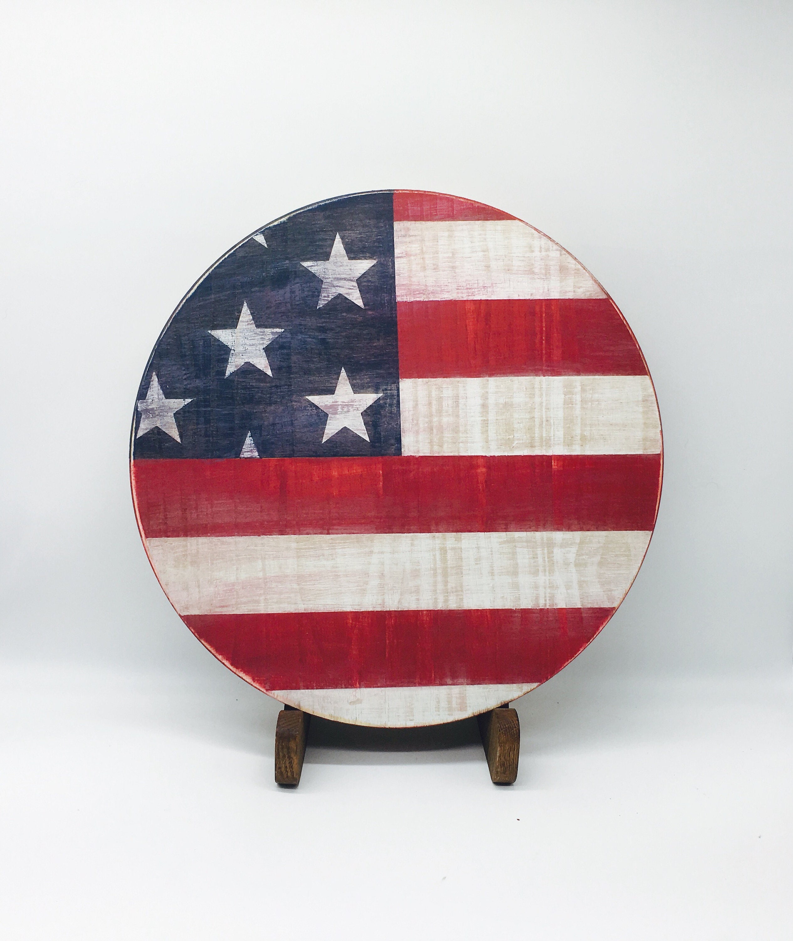 Wood American Flag Wall Art Round Wood Sign Wooden Flag Etsy
