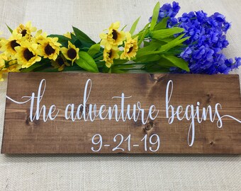 Save the Date Sign - The Adventure Begins Wedding Date Sign Engagement Sign Engagement Photo Prop