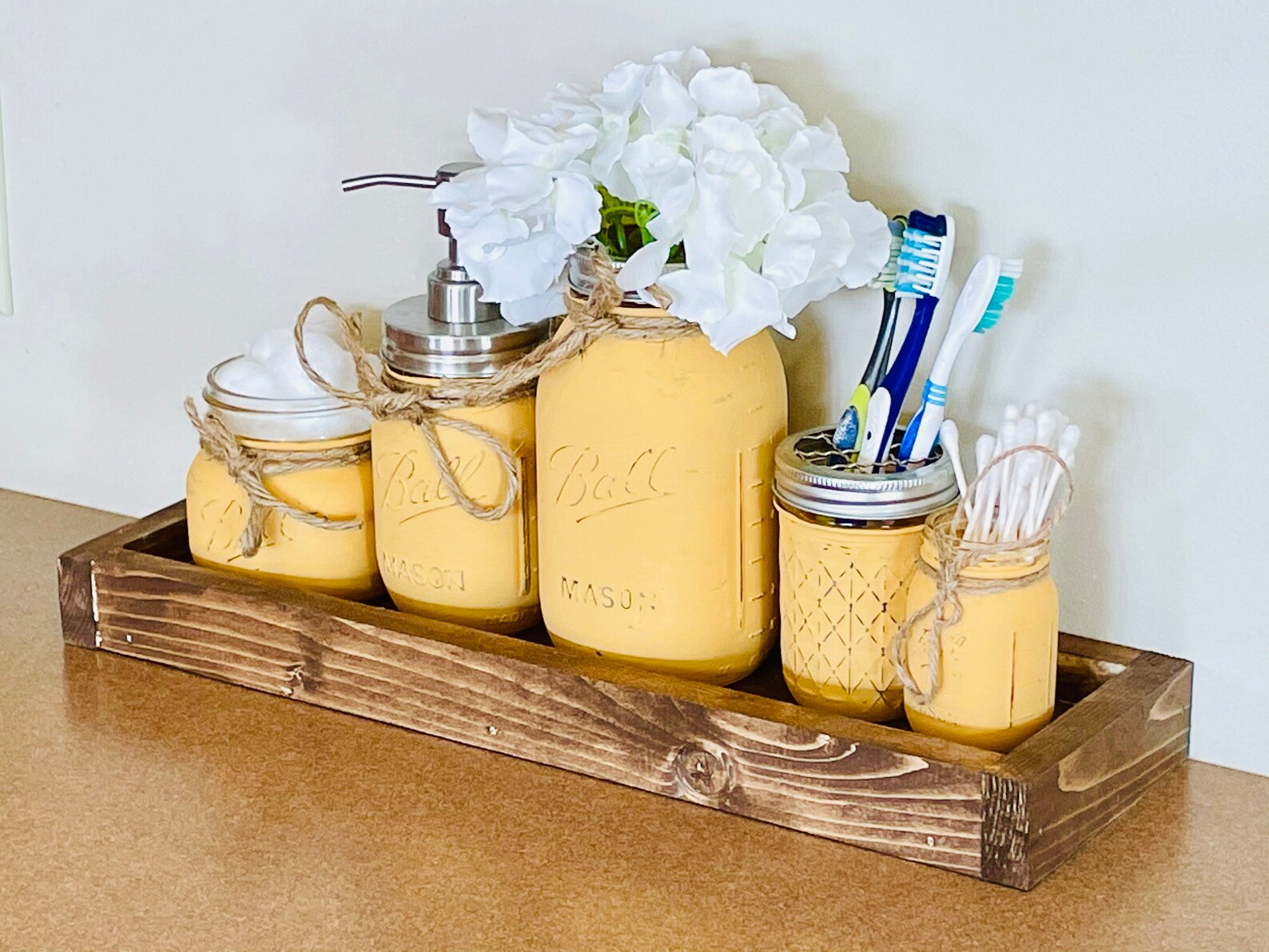 Mason Jar Bathroom Set Planter Box Painted Mason Jars Rustic Etsy