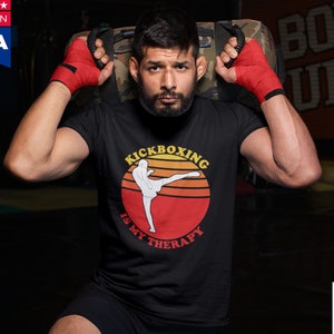 Kickboxing Is My Therapy, Retro Sunset T-Shirts, Kickboxing T-Shirt, Gift for Kickboxer, Love Boxing, Kickboxing Class, Fighter Shirt