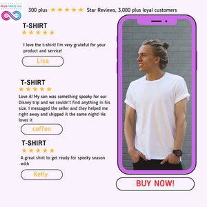 K&ouml;nnte beinhalten: Ein wei&szlig;es T-Shirt, das ein Mann auf einem Foto tr&auml;gt. Der Text "JETZT KAUFEN!" befindet sich auf einem rosa Knopf. Der Text "300 plus" und "Sternebewertungen, &uuml;ber 3.000 treue Kunden" befindet sich oben im Bild. Es gibt drei Kundenbewertungen f&uuml;r das T-Shirt.
