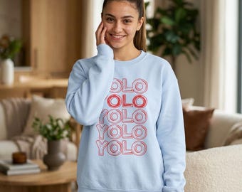 YOLO stacked text Crewneck | red outline repeat graphic