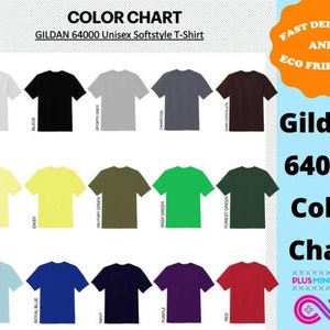 May include: Color chart for Gildan 64000 Unisex Softstyle T-Shirts. The chart shows 15 different colors, including white, black, sports grey, charcoal, dark chocolate, corn silk, daisy, military green, irish green, forest green, light blue, royal blue, navy, purple, and red.