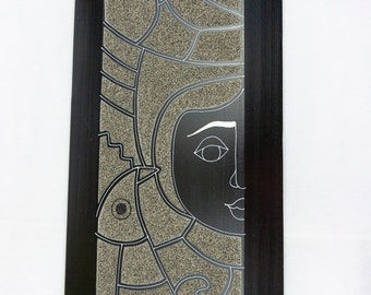 Diverse art painted on sand - black wood frame