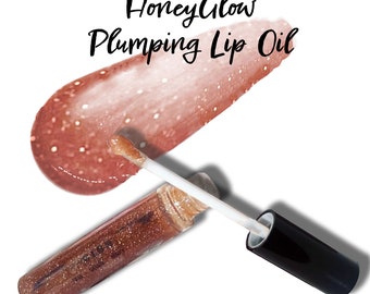 HoneyGlow Plumping Lip Oil • Honey, VitaminC, HyA, CoQ10 • NonSticky High-Gloss Sparkle | All-Natural Lip Plump & Moisturizer | Clean Makeup