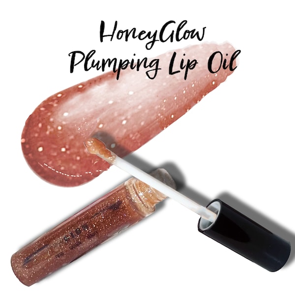 HoneyGlow Plumping Lip Oil • Honey, VitaminC, HyA, CoQ10 • NonSticky High-Gloss Sparkle | All-Natural Lip Plump & Moisturizer | Clean Makeup