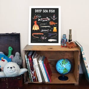 May include: A black and white illustrated poster with the title "Deep Sea Fish" featuring various types of deep sea fish with their names listed below each illustration.
