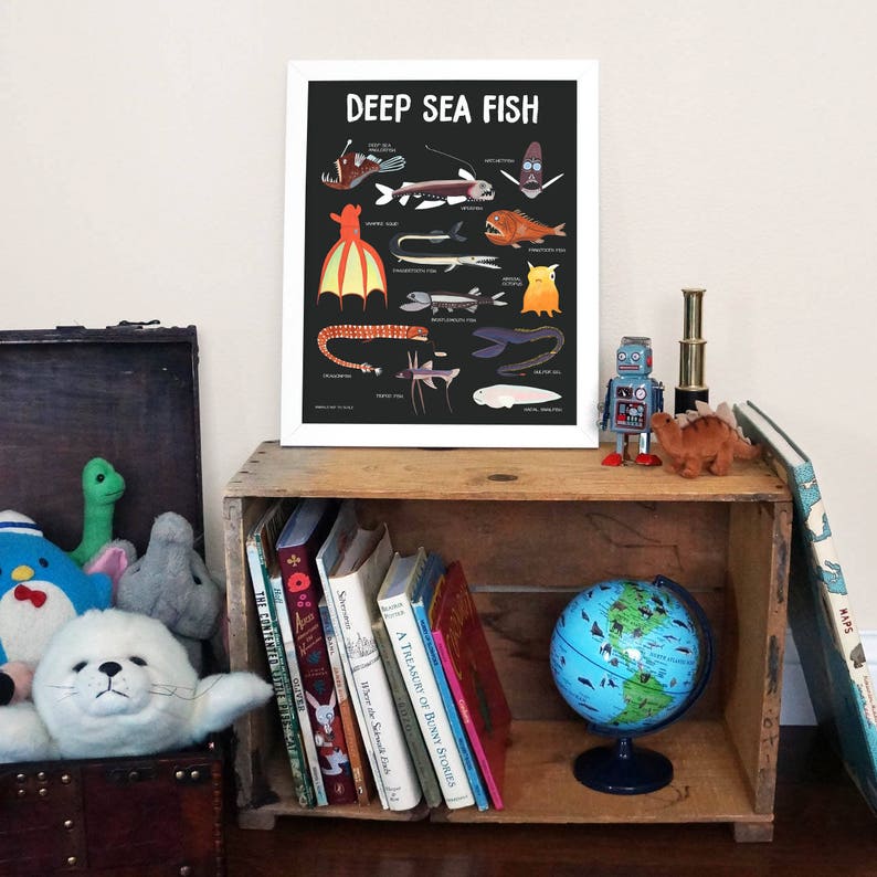 May include: A black and white illustrated poster with the title "Deep Sea Fish" featuring various types of deep sea fish with their names listed below each illustration.
