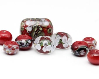 Nine Bead Set - Christmas Reds - Encased Floral Plus Two Donut Floral and Six Companion Beads