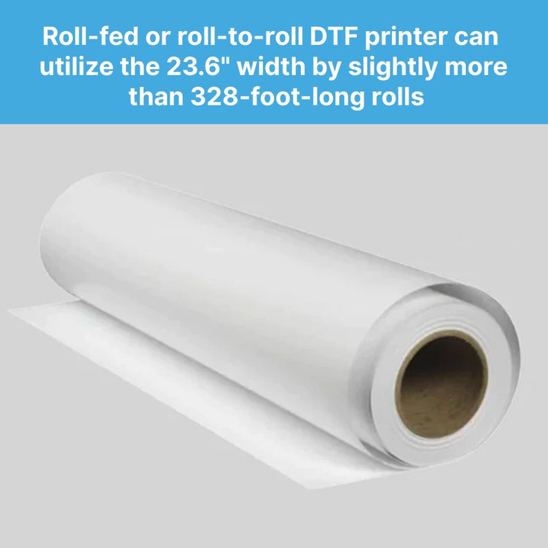 Pu&ograve; includere: Un rotolo di carta transfer DTF bianca, parzialmente srotolata, con il testo "Roll-fed or roll-to-roll DTF printer can utilize the 60 cm width by slightly more than 100-meter-long rolls" in un riquadro blu. Sfondo grigio chiaro.