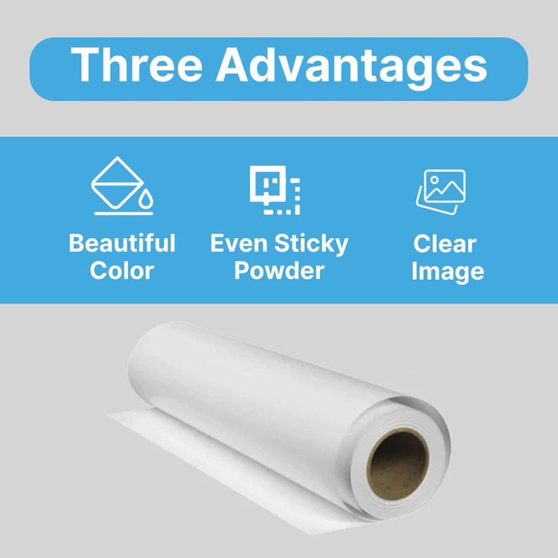 Pu&ograve; includere: Un rotolo di carta bianca su sfondo grigio chiaro. In alto, un banner blu mostra "Three Advantages" con le parole "Beautiful Color", "Even Sticky Powder" e "Clear Image".