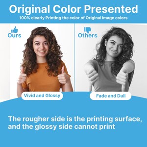 Pu&ograve; includere: Immagine che confronta la qualit&agrave; di stampa a colori. Un lato mostra una donna che alza il pollice, etichettato "Ours" con il testo "Vivid and Glossy". L'altro lato mostra una donna con il pollice verso il basso, etichettato "Others" con il testo "Fade and Dull". Il testo in basso spiega la superficie di stampa.