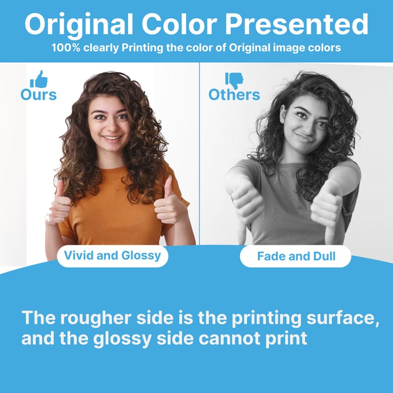 Pu&ograve; includere: Immagine che confronta la qualit&agrave; di stampa a colori. Un lato mostra una donna che alza il pollice, etichettato "Ours" con il testo "Vivid and Glossy". L'altro lato mostra una donna con il pollice verso il basso, etichettato "Others" con il testo "Fade and Dull". Il testo in basso spiega la superficie di stampa.