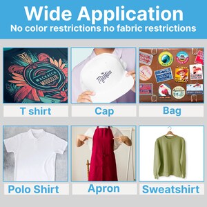 Pu&ograve; includere: Immagine che mostra vari capi di abbigliamento: una t-shirt con grafica, un berretto bianco con testo, una borsa con adesivi da viaggio, una polo bianca, un grembiule rosso e una felpa verde. Il testo in alto recita "Wide Application".