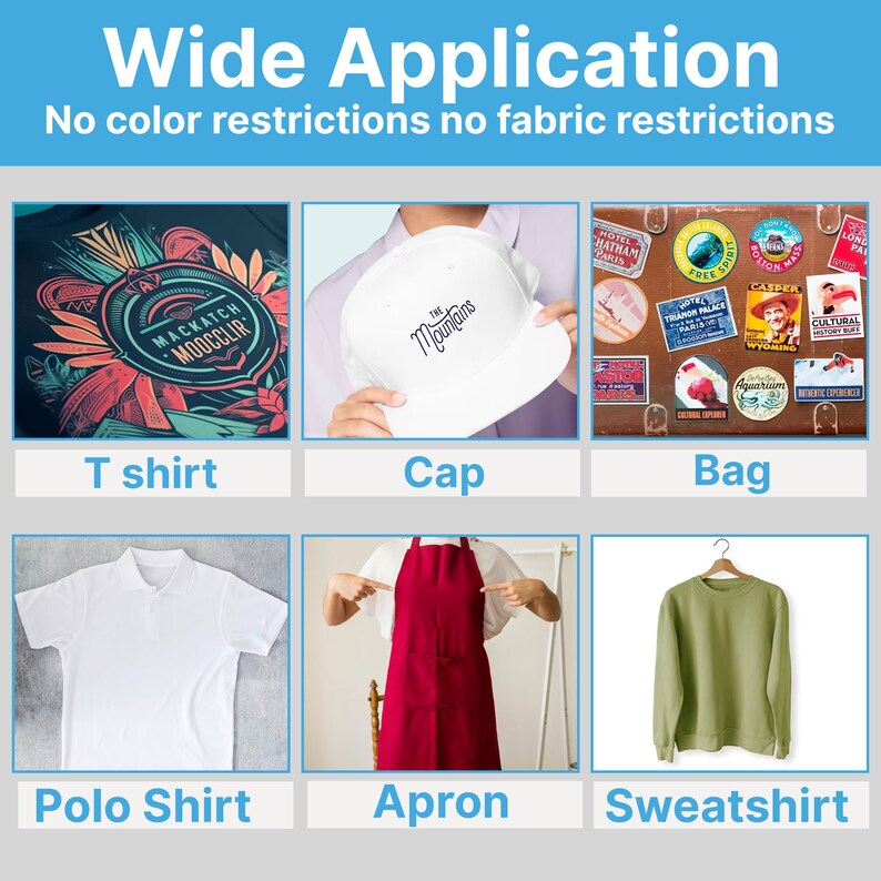 Pu&ograve; includere: Immagine che mostra vari capi di abbigliamento: una t-shirt con grafica, un berretto bianco con testo, una borsa con adesivi da viaggio, una polo bianca, un grembiule rosso e una felpa verde. Il testo in alto recita "Wide Application".