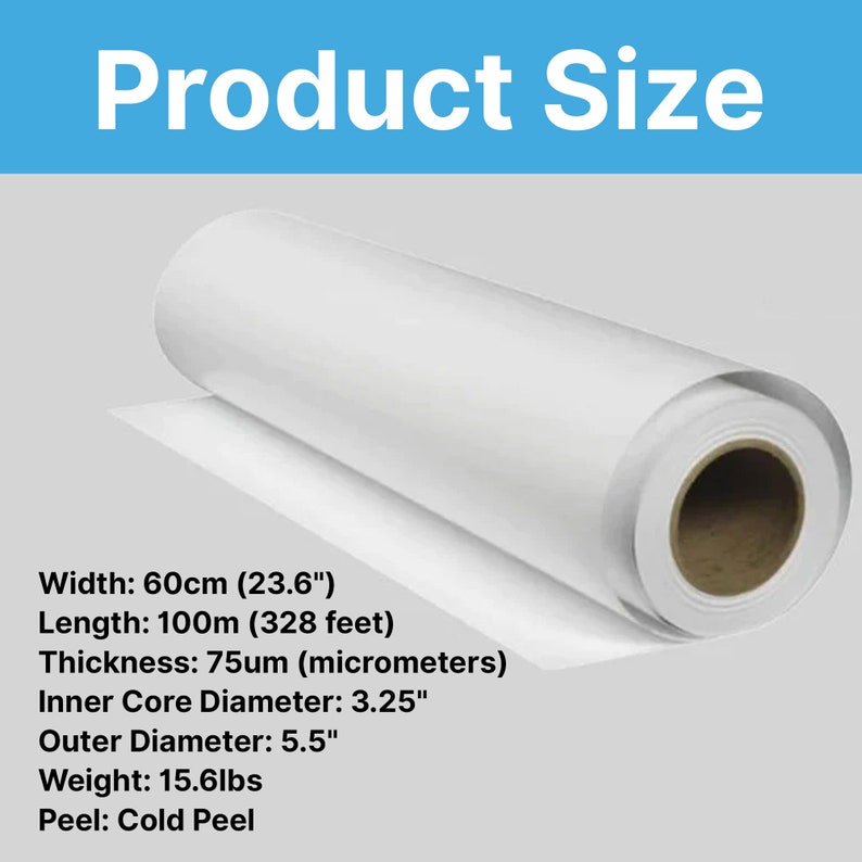 Pu&ograve; includere: Un rotolo di materiale bianco con la scritta "Product Size". Il rotolo &egrave; largo 60 cm, lungo 100 m e spesso 75 &micro;m. Il diametro interno del nucleo &egrave; di 8,26 cm e il diametro esterno &egrave; di 13,97 cm. Pesa 7,07 kg e ha una spellatura a freddo.