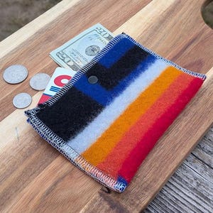 May include: A rectangular felt wallet featuring horizontal stripes in blue, black, white, orange, and red. The wallet has a single black snap closure and visible white stitched edges. It contains a twenty-dollar bill and a white payment card.