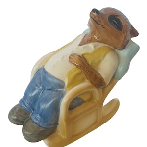 Ringtale Raccoon Figurine 1981 Goebel Hummel Vintage sleeping rocking chair anthropomorphic ringtail grandpa gift father dad