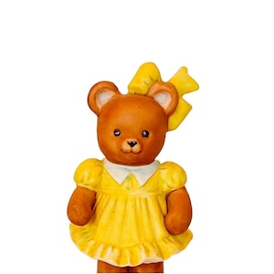 Teddy Bear Figurine ceramic anthropomorphic yellow dress Korea 1970s sculpture