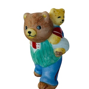 Porcelain Bear Miniature Bisque Figurine anthropomorphic teddy cub piggy back