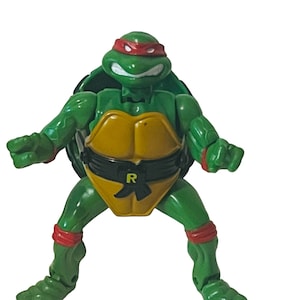 May include: Green Teenage Mutant Ninja Turtles action figure with a red bandana, yellow shell, and black belt with an 'R' on it. The figure is posed in a fighting stance.