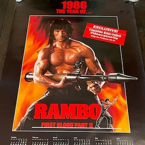 Cartaz de cinema vtg Cartão de entrada 1986 Rambo II Calendário Stallone Blood