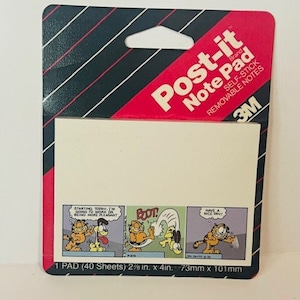 May include: A pack of 40 Post-it Brand Note Pad self-stick removable notes featuring a Garfield comic strip. The pad is 2 1/8 inches by 4 inches or 73mm by 101mm.