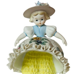 Puede incluir: Figura de porcelana de una niña con un vestido azul claro con mangas abullonadas y un sombrero de ala ancha. La falda está decorada con motivos florales y un dobladillo con volantes, revelando una enagua amarilla. La figura tiene cabello rubio y está sobre fondo blanco.