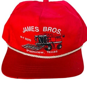 Tractor Farm Hat Cap Snapback trucker vtg Plainview Texas James Bros Red mf 8570