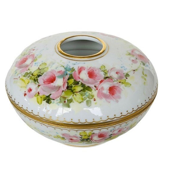 Hair Receiver Container Antique Vintage Gift decor vtg mcm vanity collectible ceramic porcelain lid gold Limoges France pink roses flower 2