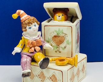 SCHMID MUSIC BOX The Entertainer 1983 vintage moving teddy bear carnival circus clown jack in box Japan porcelain figurine decor