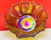CARNIVAL GLASS BOWL vintage wave crest rim vtg mcm opalescent iridescent art gift collectible flower shape floral