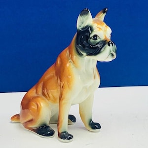 PUPPY DOG FIGURINE vintage decor collectible vtg mcm statue sculpture porcelain japan boxer black brown