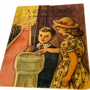 HOLY PRAYER CARD vintage Catholique Christian Jesus God Mary papier antique éphémère église cadeau décor 1945 Daniel Lord livre enfant à la messe