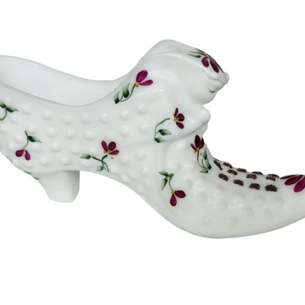 Fenton Milk Glass Boot Shoe Hobnail figurine heel art SIGNED Shelley purple lily