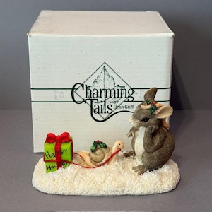 Vintage Charming Tails Figurine Mouse Fitz Floyd Christmas Waiting For Snail Nib