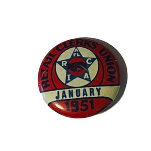 Retail Clerk Trade Union Pin Button Pinback Bastian Bros vtg 1951 January usa RI